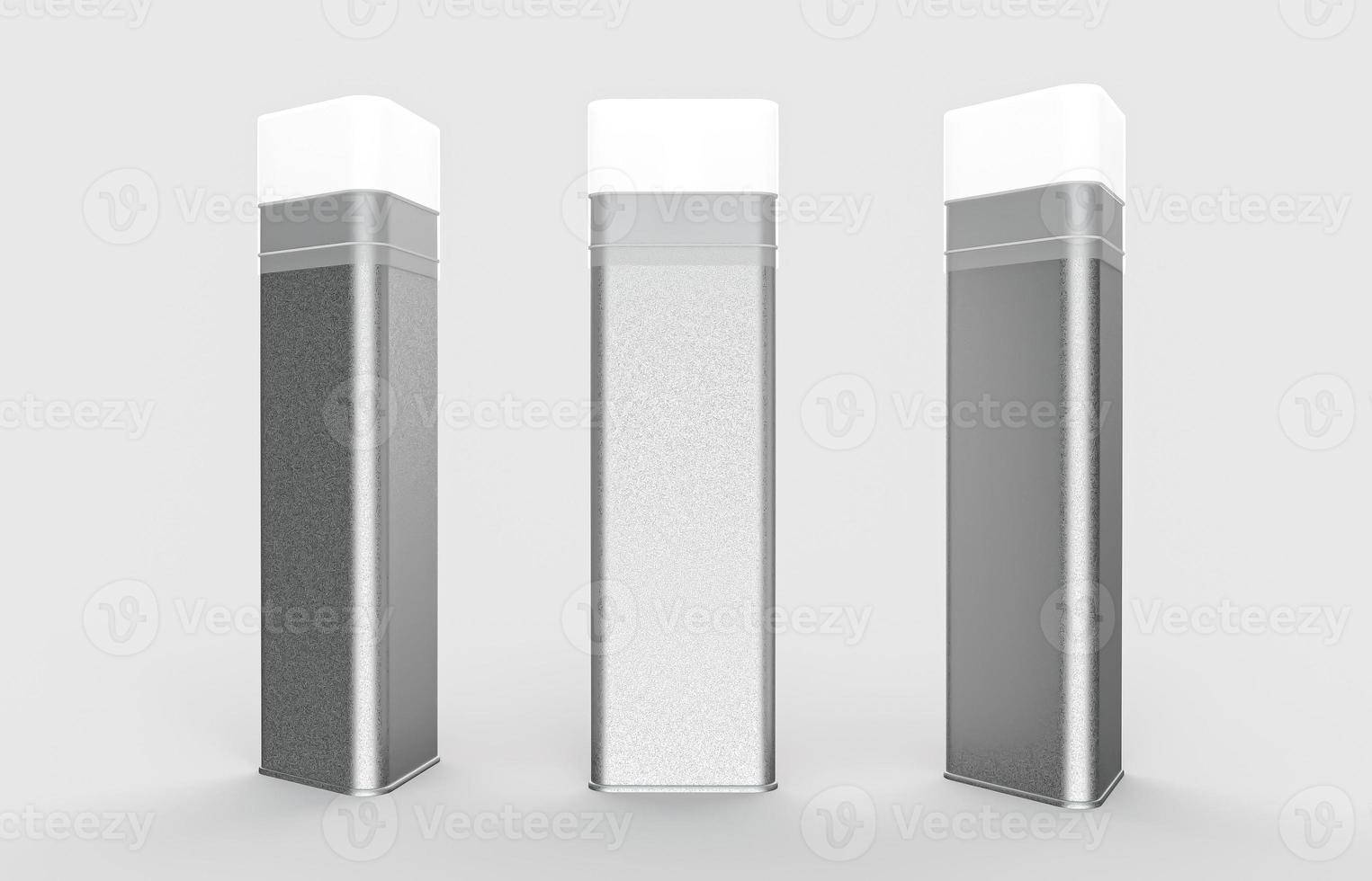 Triangle Metal tin boxes for Pencils, tea or candies. realistic mockup triangle shape cans for packaging dry products isolated on white background 3d illustration photo