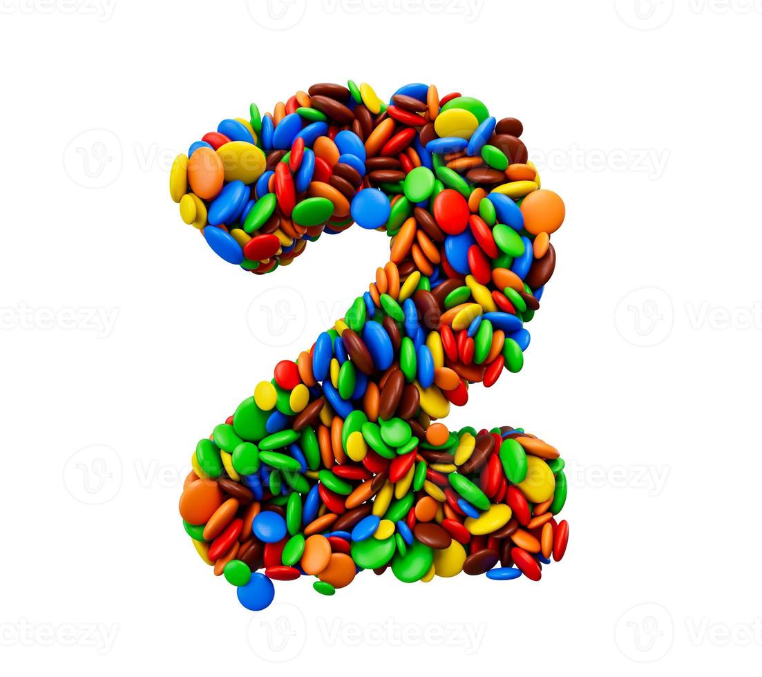 Digit 2 of multicolored rainbow candies Festive isolated on white background Two Letter 3d illustration photo