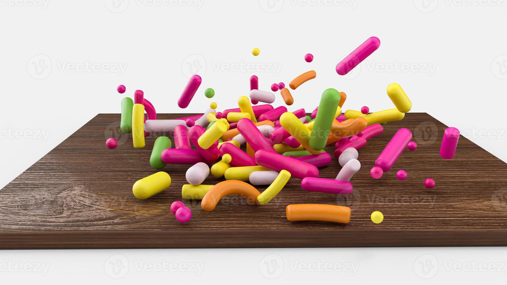 Colorful Sprinkles Falling on white porcelain bowl and wooden board 3d illustration photo