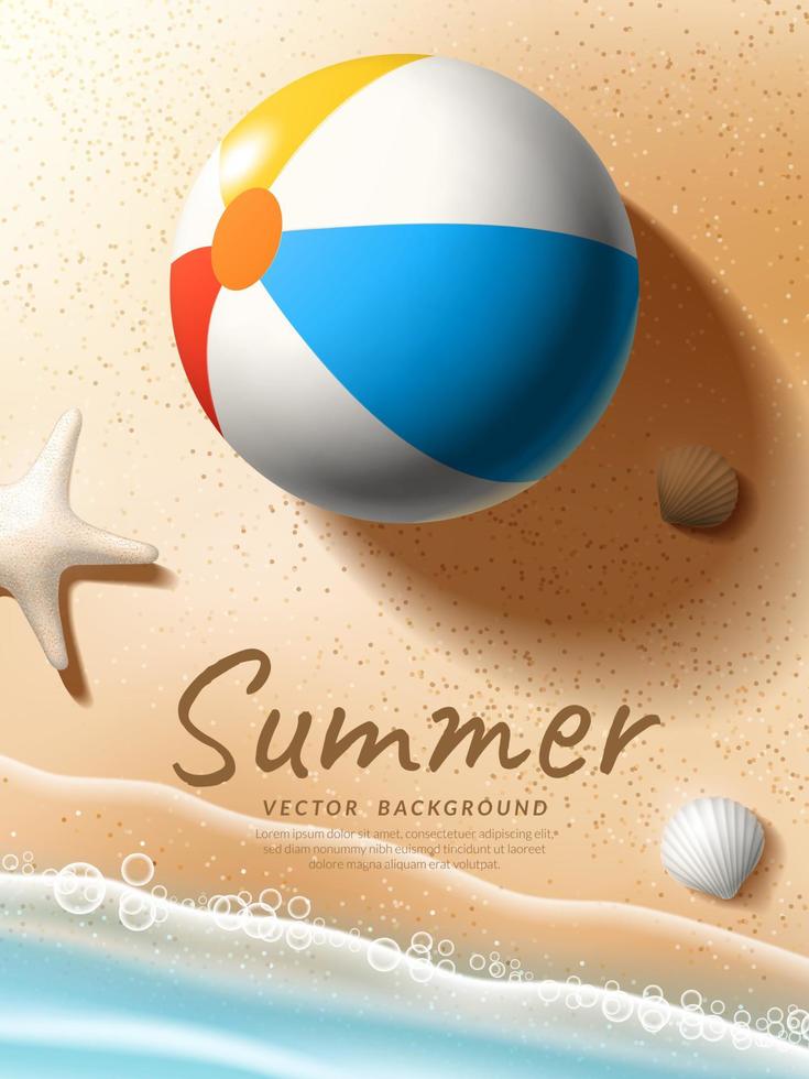 fondo de verano, vista superior pelota de playa con conchas y estrellas de mar en la playa de arena concepto de vacaciones de verano. ilustración vectorial vector