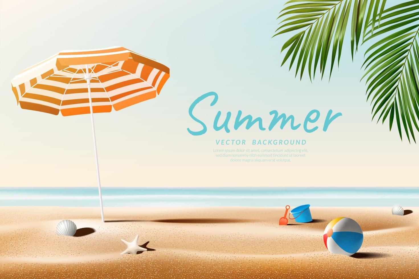 Beach umbrella with beach accessories in daytime. Summer outdoor concept. Vector illustration