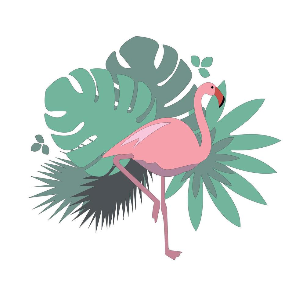 Summer illustration with a bright pink flamingo and tropical leaves vector