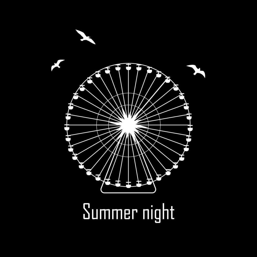 Summer illustration with white silhouettes of a ferries wheel and seagulls on the black background vector