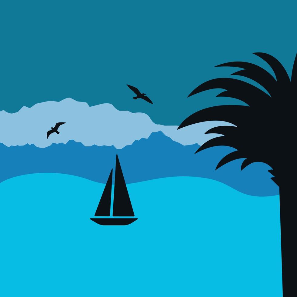 Sailboat, seagulls and palm silhouettes on blue background vector