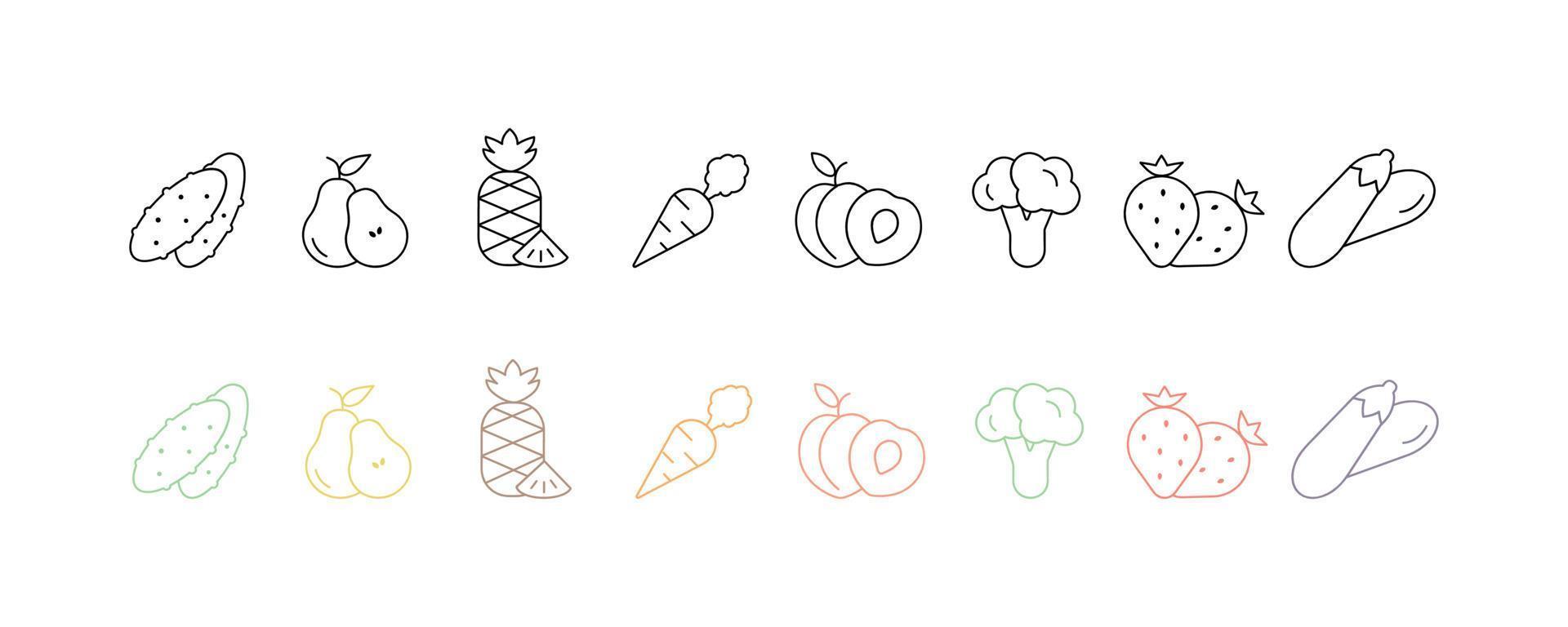 Flat stylish multicolor and black vegetables and fruits icons set vector