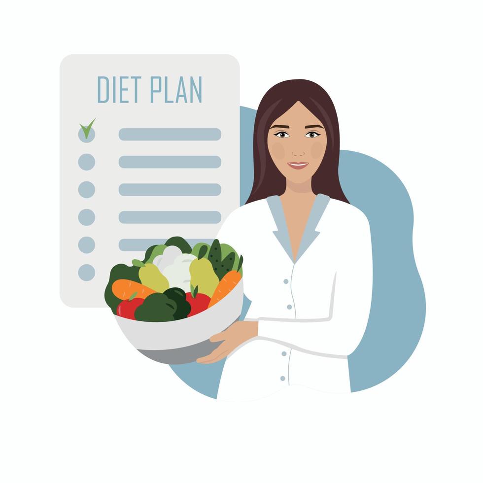 Cartoon nutritionist with vegetables bowl and a diet planner vector