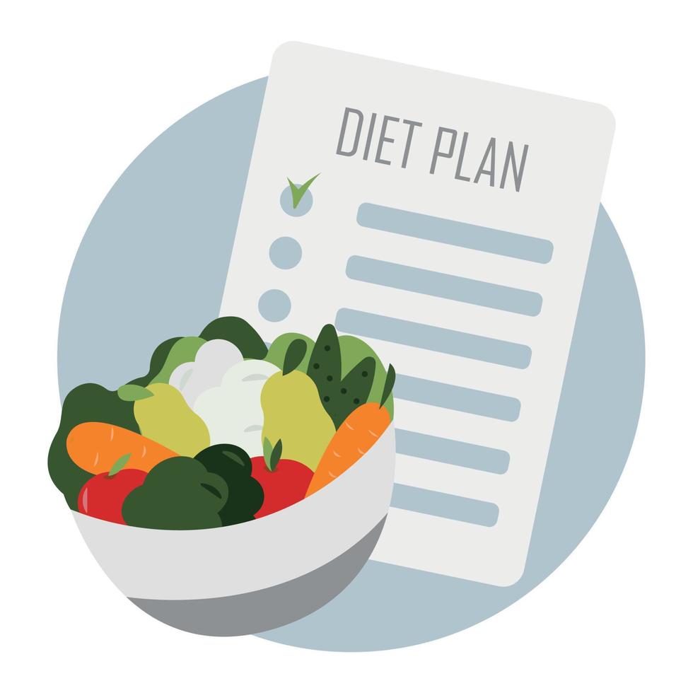 Cartoon vegetables and fruits bowl with a diet plan vector