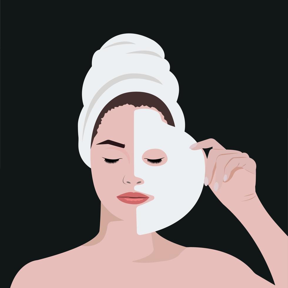 ilustración vectorial con una mujer hermosa joven que aplica una máscara facial con una toalla en la cabeza vector