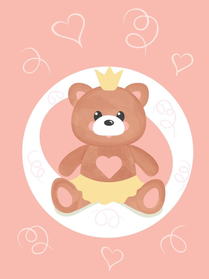 Cute baby illustration with a little watercolor teddy bear with a crown dressed in a skirt on the rose background vector