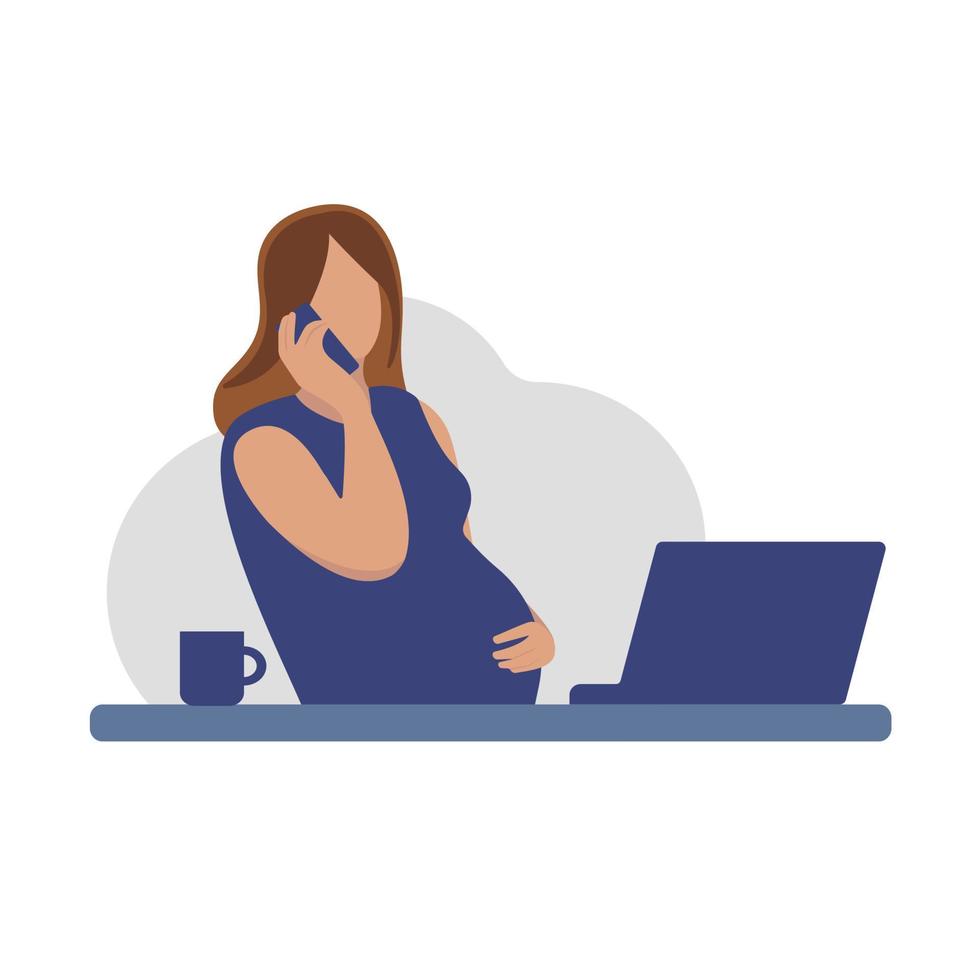 Faceless multitasking pregnant woman talking on the phone near the notebook vector