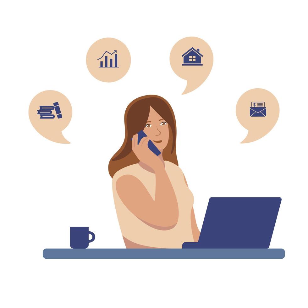 Multitasking woman with a notebook and a phone vector