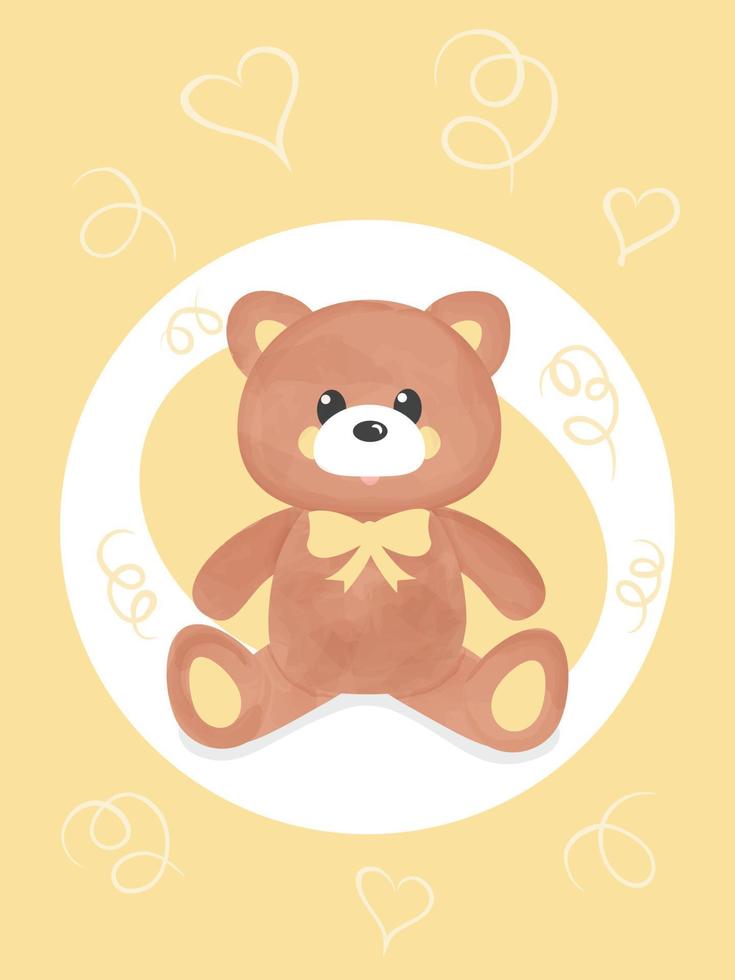 Cute baby illustration with a little watercolor teddy bear with a ribbon on the yellow background vector