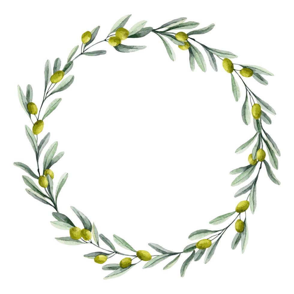 Olive wreath. Watercolor botanical Round Frame with Laurel Branches for wedding invitations or greeting cards. Floral Circle border for oil label vector