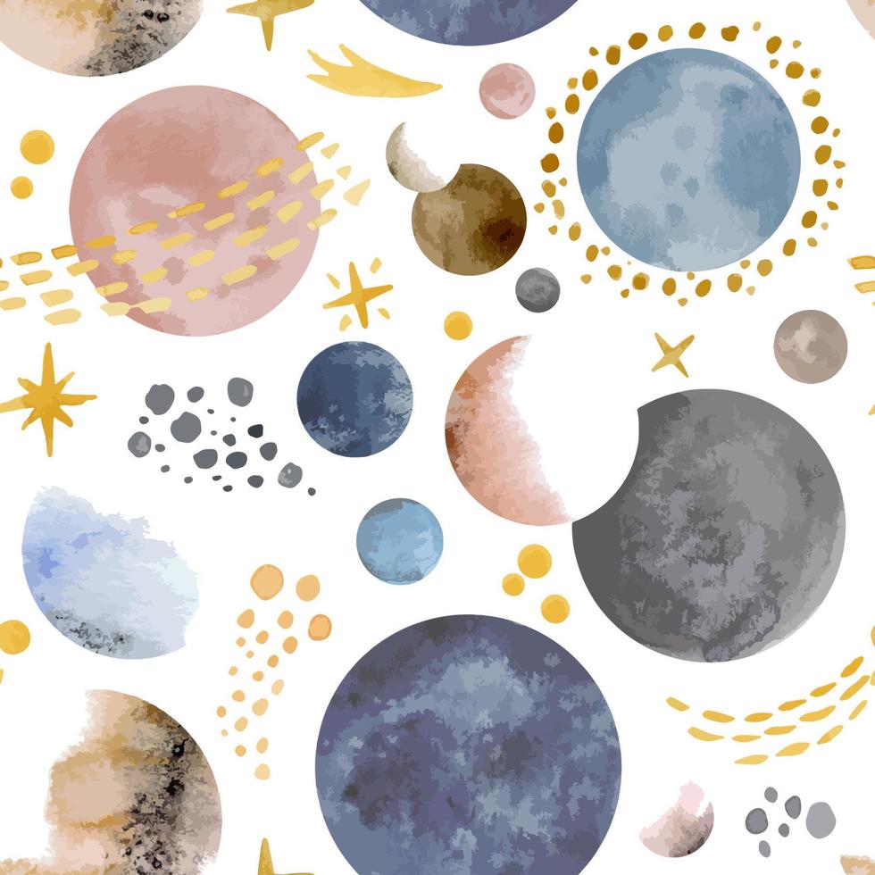 Seamless watercolor Pattern with Planets and Comets in Space. Background with a hand painted Galaxy. Vector Drawing of a space system for children's bed linen or wrapping paper