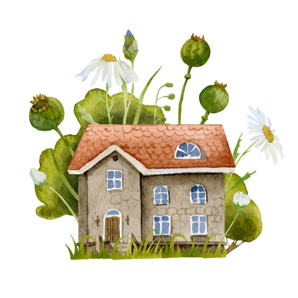 Cute little watercolor fairy House with wild field Flowers. Hand drawn vector Illustration of architecture with chamomile and plants. Spring sketch of fantasy Home with daisy