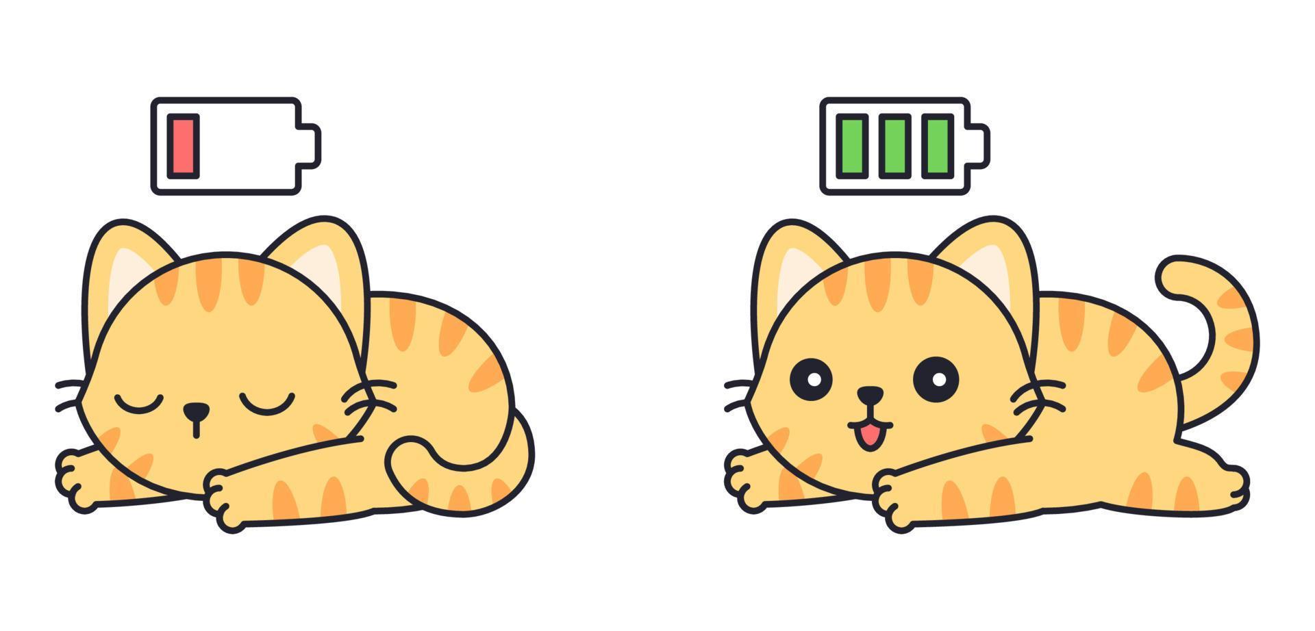 gato atigrado naranja con icono de batería baja y completa vector