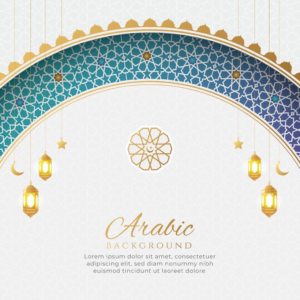 Arabic Islamic Elegant White and Golden Luxury Colorful Background with Islamic Arch and Decorative Lanterns vector