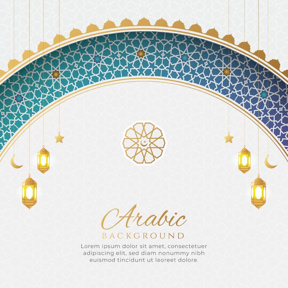 árabe islámico elegante fondo colorido de lujo blanco y dorado con arco islámico y linternas decorativas vector