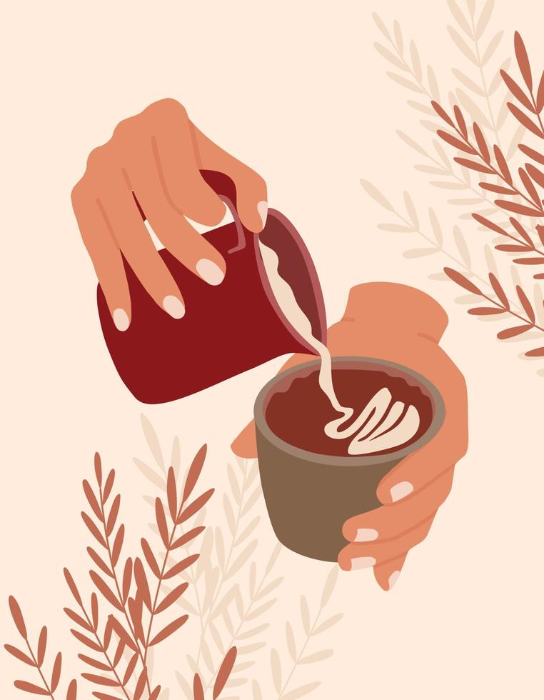 Hands with coffee mug and  jug. Barista makes coffee with milk. Poster in minimalist retro style. vector