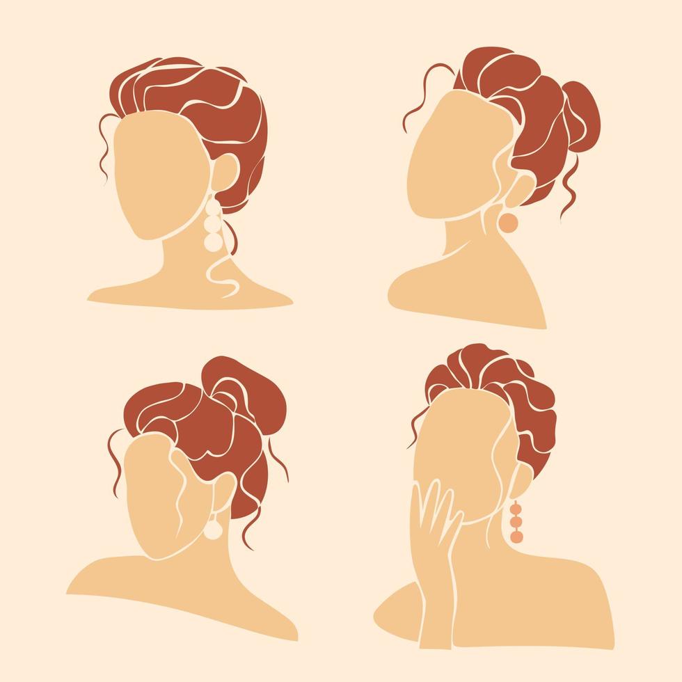 A set of female avatar portraits in the boho minimalist style. Collection with hairstyles. Flat illustration in warm colors. vector