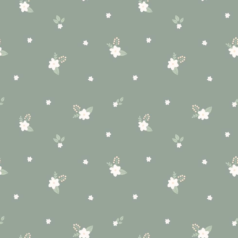 Seamless pattern with simple small flowers in rustic childish style on green background. Suitable for kids design and textiles. vector