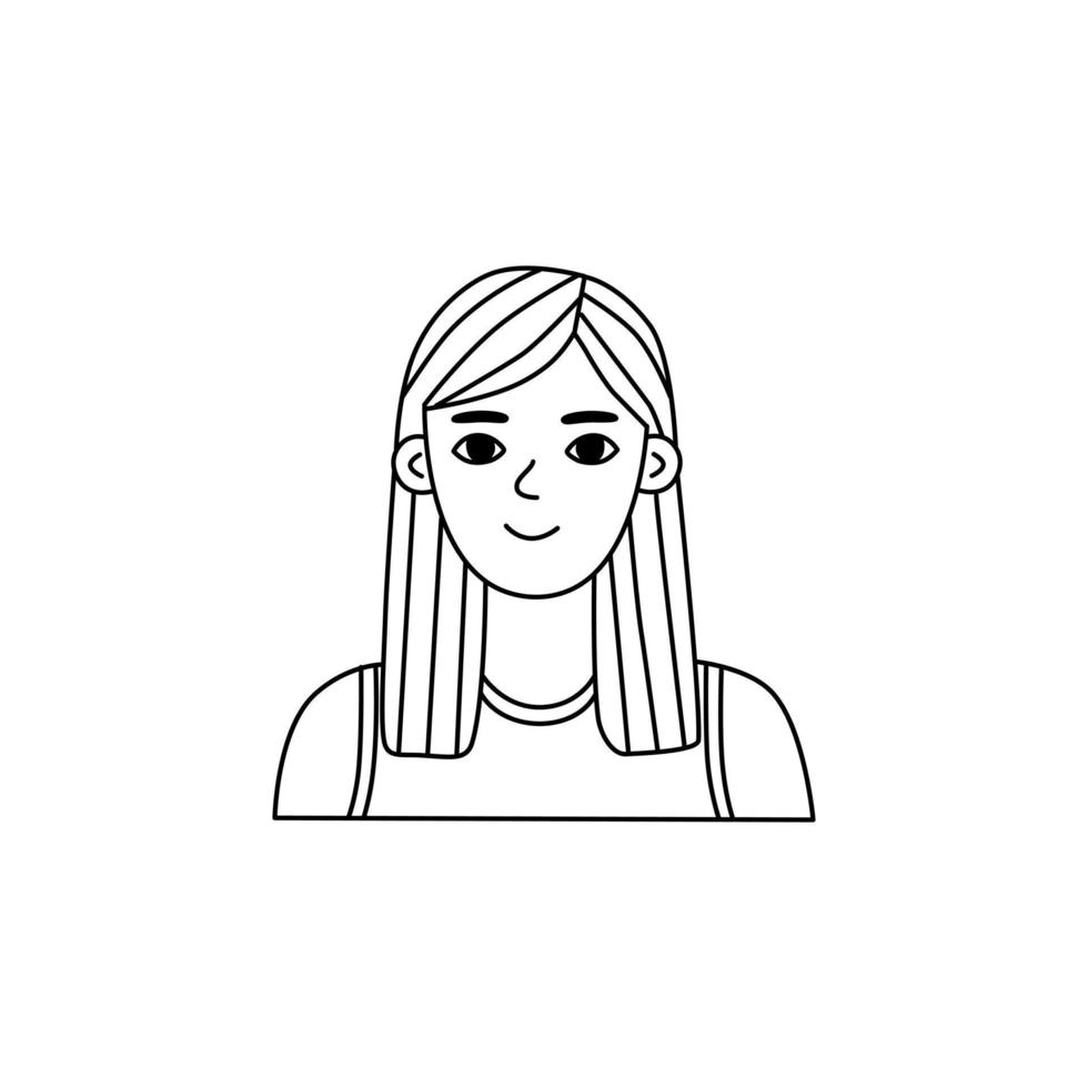 Portrait of girl on white background in doodle style, sketch, outline. The young woman smiles. vector