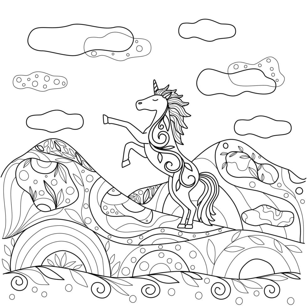 A unicorn stands on its hind legs in nature. Magic horse with an ornament near the mountains, black outline on white. Cute unusual coloring book for children and adults vector