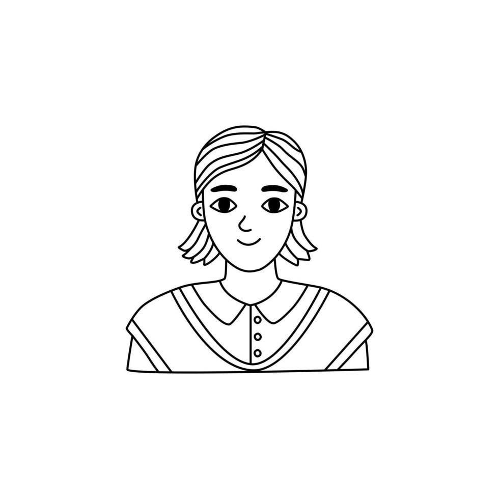 Portrait of girl on white background in doodle style, sketch, outline. The young woman smiles. vector