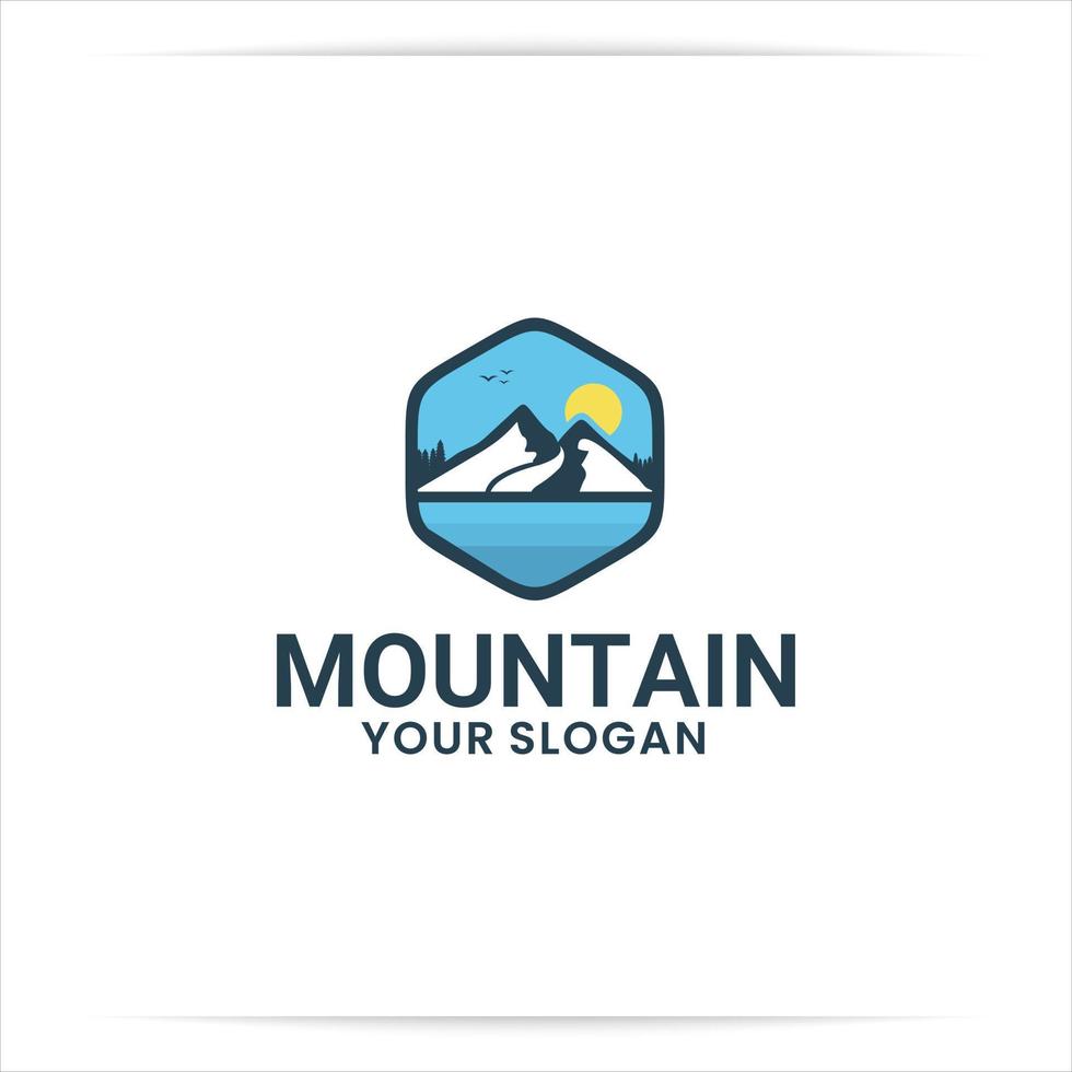 montaña de diseño de logo con cielo y sol vector