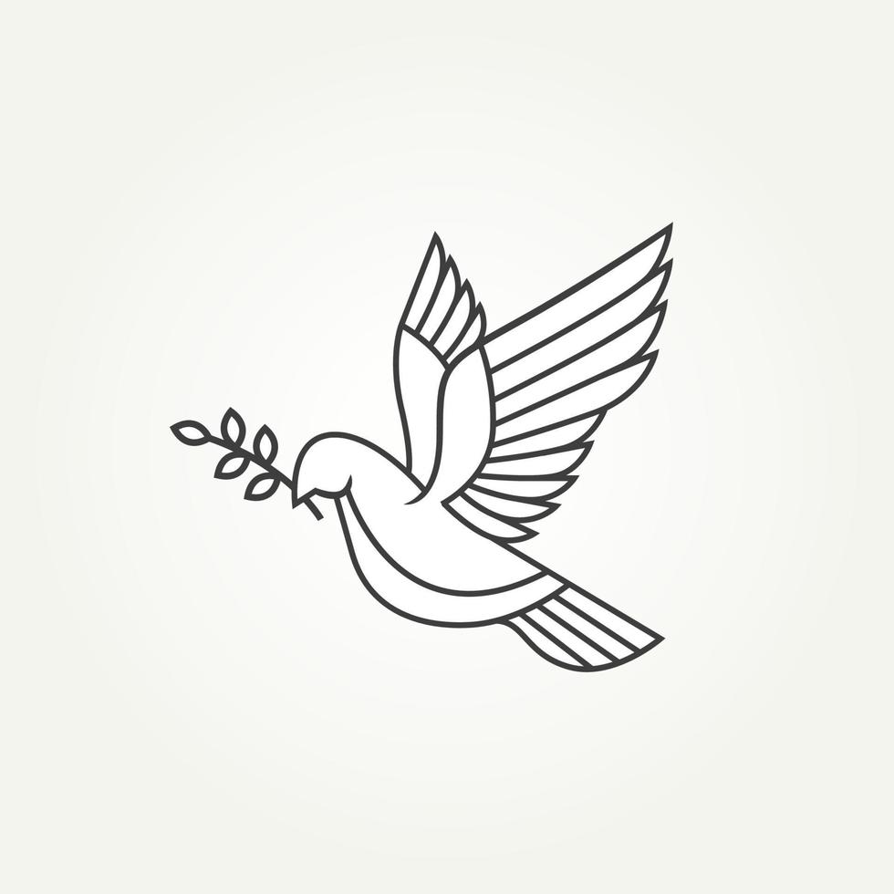 isolated flying dove or pigeon holding olive branch line art simple icon template vector illustration design. minimalist pacifism, peace maker, symbol of peace concept