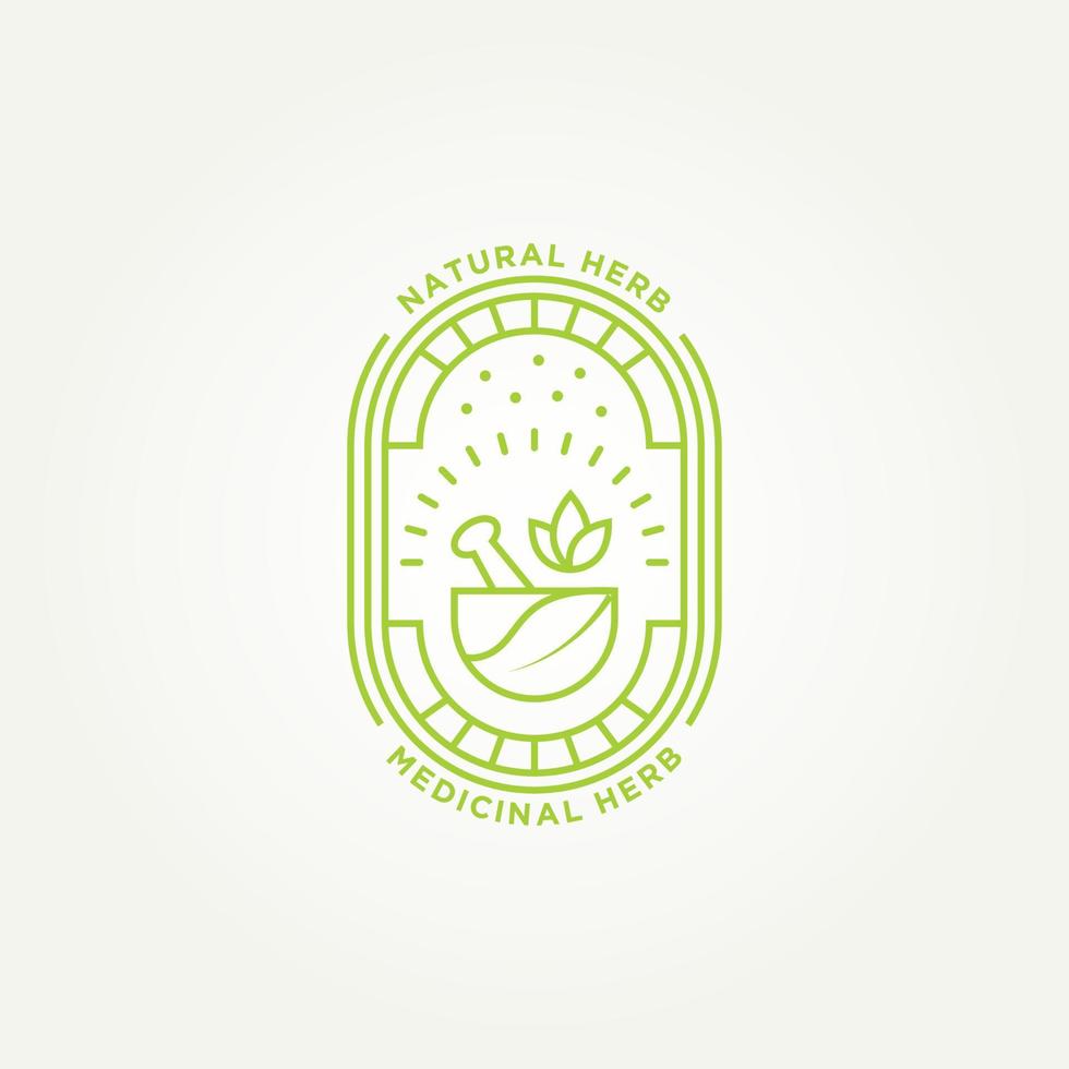 minimalist natural herb pharmacy line art badge logo template vector illustration design. simple mortar pestle leaf bowl alternative medicine emblem logo concept