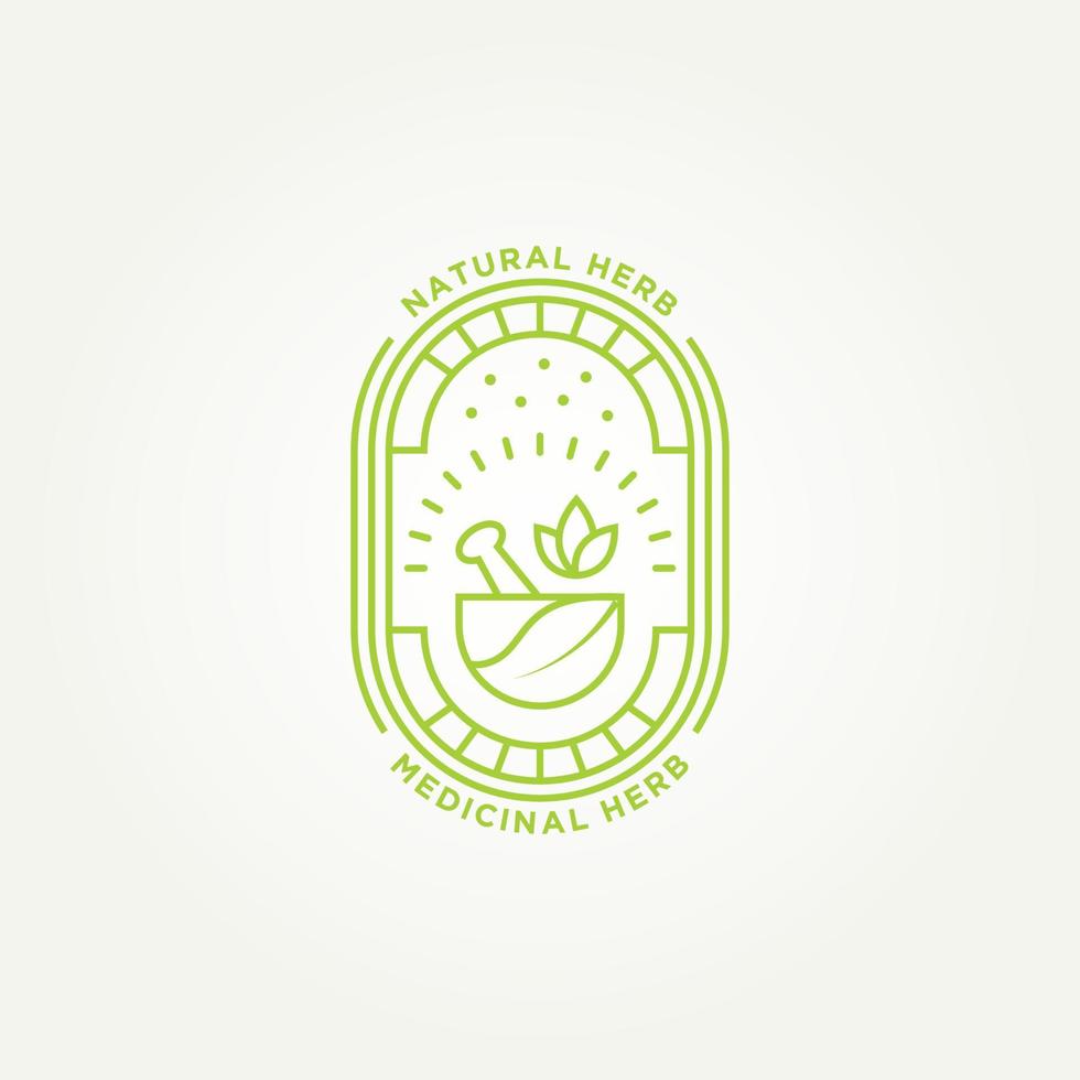 diseño minimalista del ejemplo del vector de la plantilla del logotipo de la insignia del arte de la línea de la farmacia de la hierba natural. concepto de logotipo de emblema de medicina alternativa de cuenco de hoja de maja de mortero simple