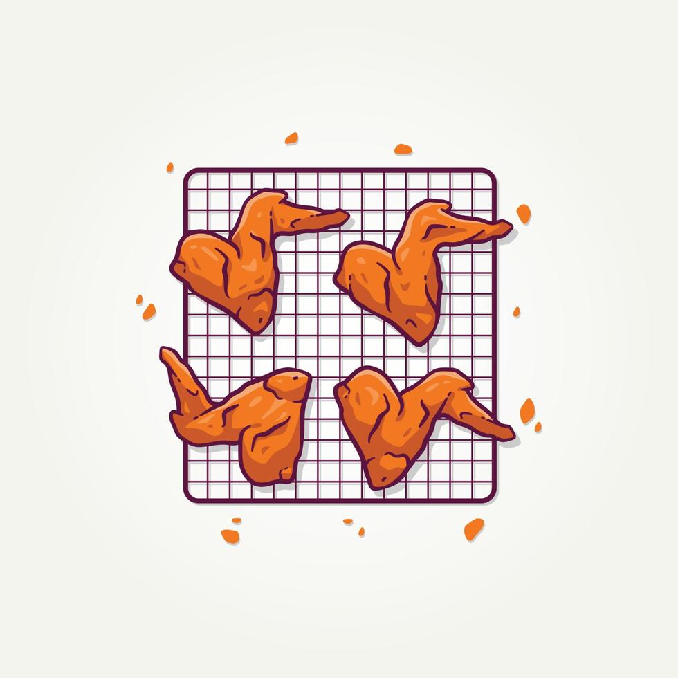 Diseño de ilustración de vector de icono plano de pollo frito crujiente. deliciosas alitas de pollo fritas a la parrilla estilo chino para llevar