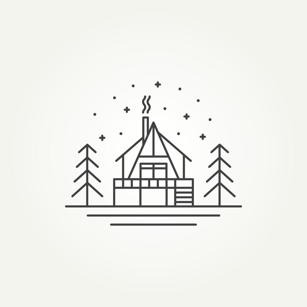 minimalist cabin house line art icon logo template vector illustration design. simple cabin or cottage house in the middle of forest at night logo concept