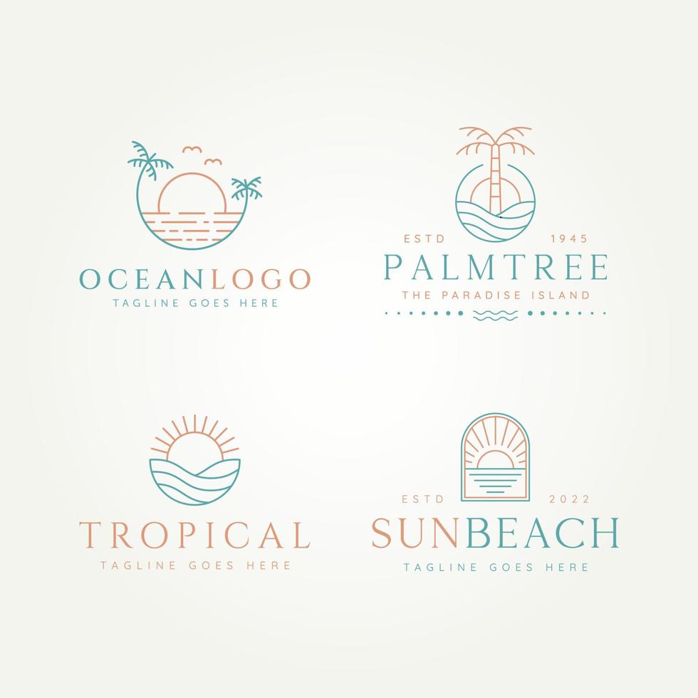 set of tropical ocean sun beach simple line art logo template vector illustration design. simple modern holiday, vacation, resort logo concept