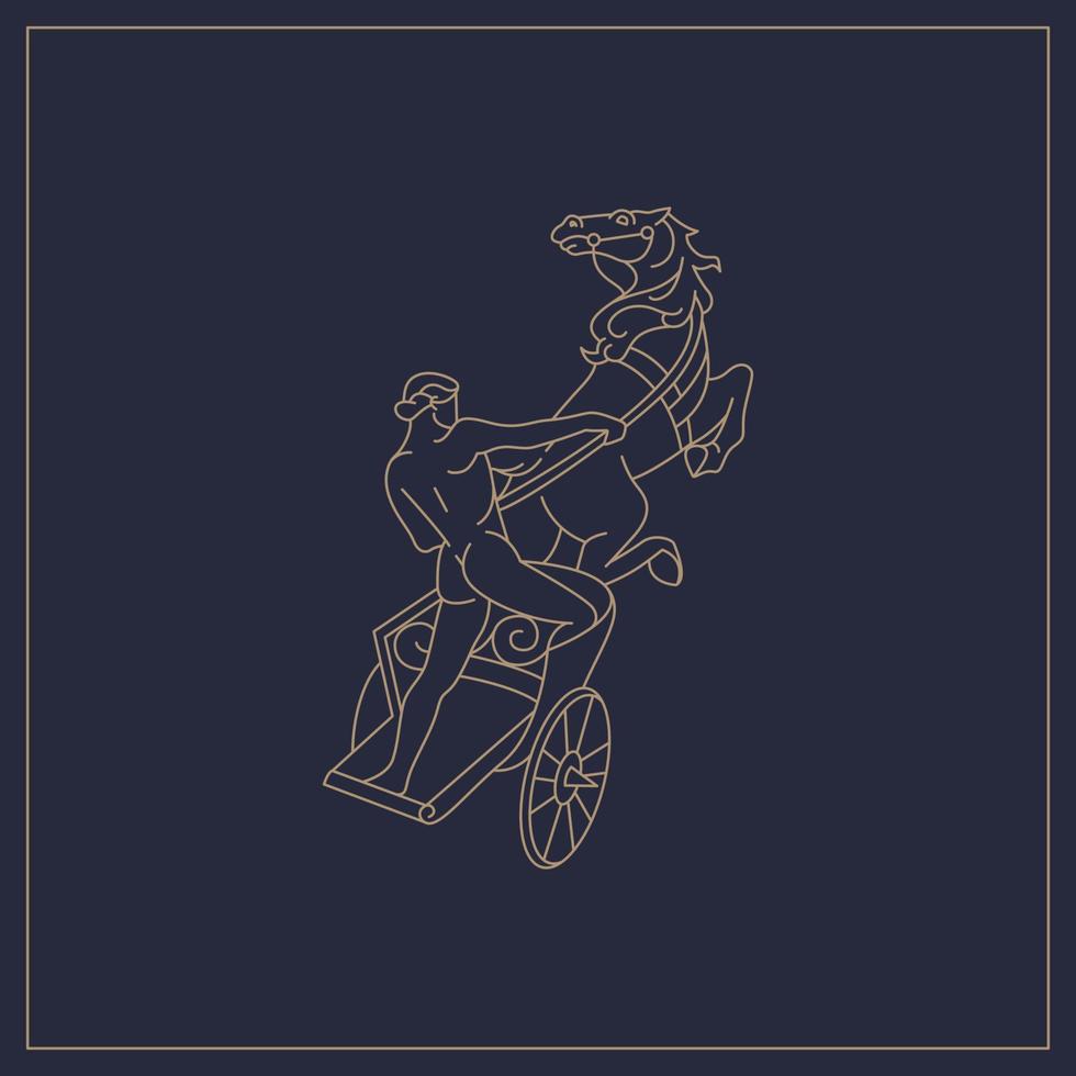 greek god apollo line art template vector illustration design. minimalist god apollo riding horse carriage marble base