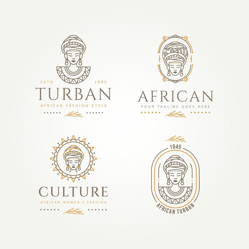 set of african woman fashion culture line art logo. african woman with turban and ethnic round tribal symbol line art badge logo template vector illustration design