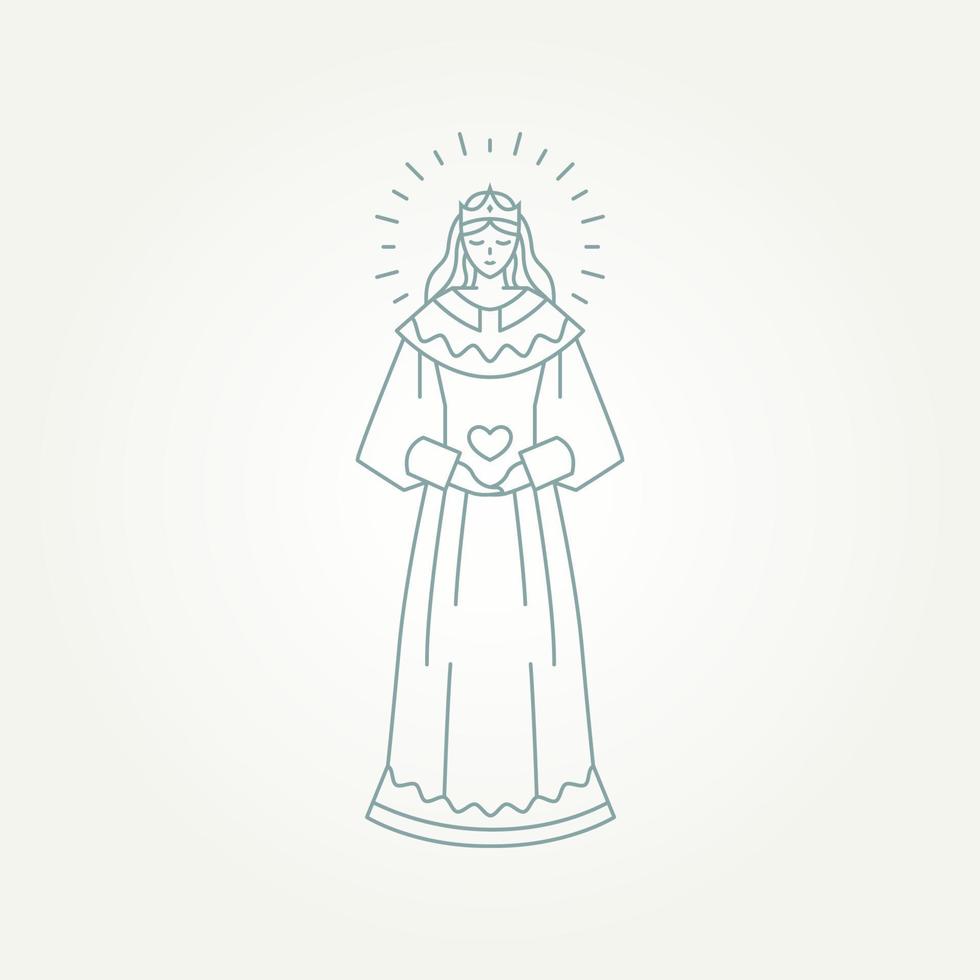 beautiful queen feminine line art template vector illustration design. beauty queen or princess holding hearth with a glowing face