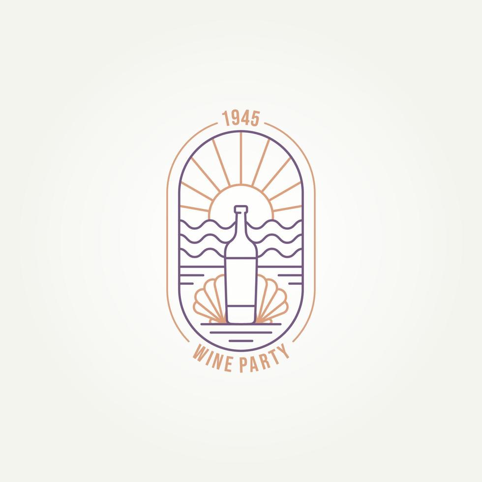 wine party simple line art badge logo template vector illustration design. wine bottle with clam shell in the beach or ocean view minimalist emblem logo concept