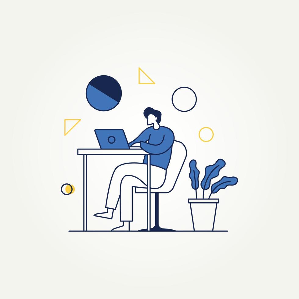 modern line art flat design concept of business. businessman marketer working at the laptop in the office. simple modern flat design for web banner and business presentation template vector