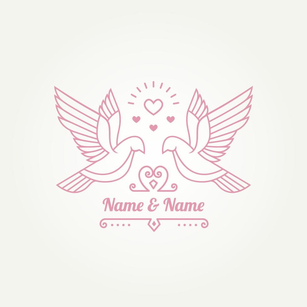 Couple of white bird doves with shining heart line art simple logo template vector illustration design. Wedding, marriage, Romantic logo concept