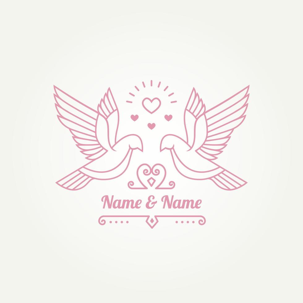 Couple of white bird doves with shining heart line art simple logo template vector illustration design. Wedding, marriage, Romantic logo concept