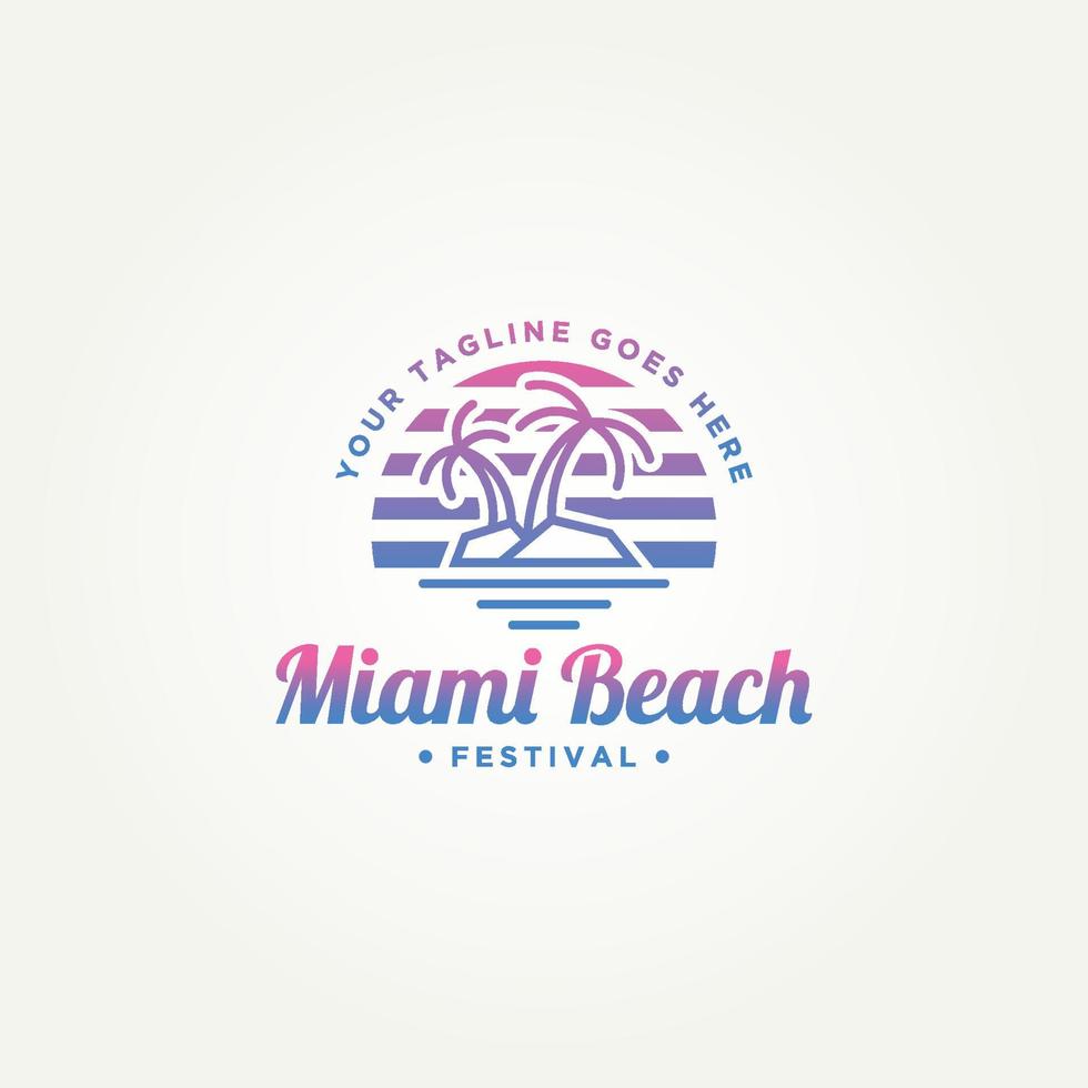 miami beach island diseño de ilustración vectorial de plantilla de logotipo de insignia de arte de línea simple. isla de playa minimalista con pino miami concepto de logotipo estilo neón retro vector