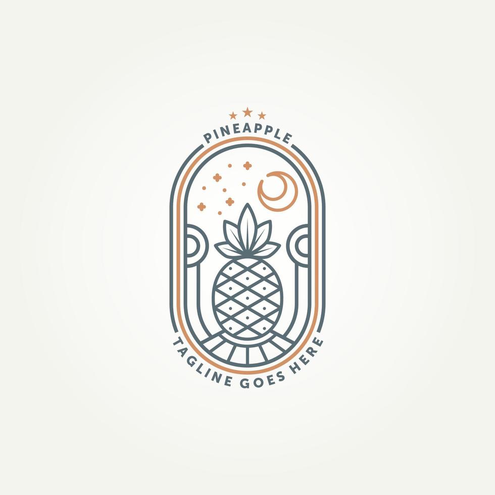 diseño de ilustración vectorial de plantilla de logotipo de insignia de arte de línea de fruta de piña moderna simple. fruta de piña minimalista con vista al cielo nocturno concepto de logotipo de emblema de estilo geométrico vector