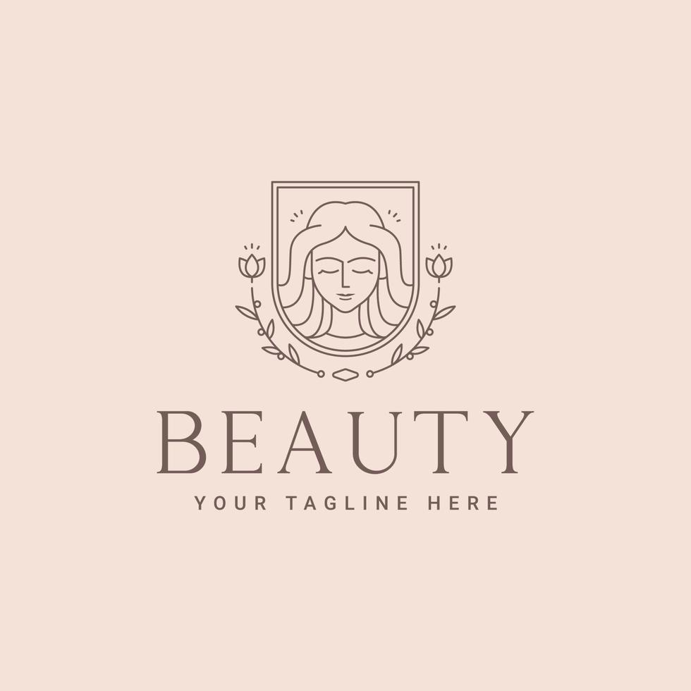 diseño de ilustración vectorial de plantilla de logotipo de icono de arte de línea de insignia de flor de cara de mujer de belleza minimalista. logo femenino simple con concepto de naturaleza para spa, masaje, salón de belleza y cosmética vector