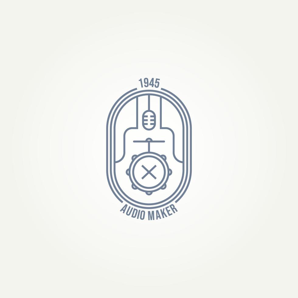 minimalist music studio recording badge line art icon logo template vector illustration design. simple music studio with mic and drum kit tool emblem logo concept