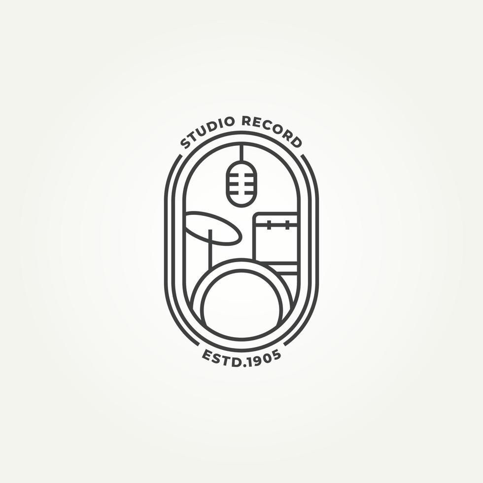 minimalist studio record badge line art icon logo template vector illustration design. simple music studio with mic and drum kit tool emblem logo concept