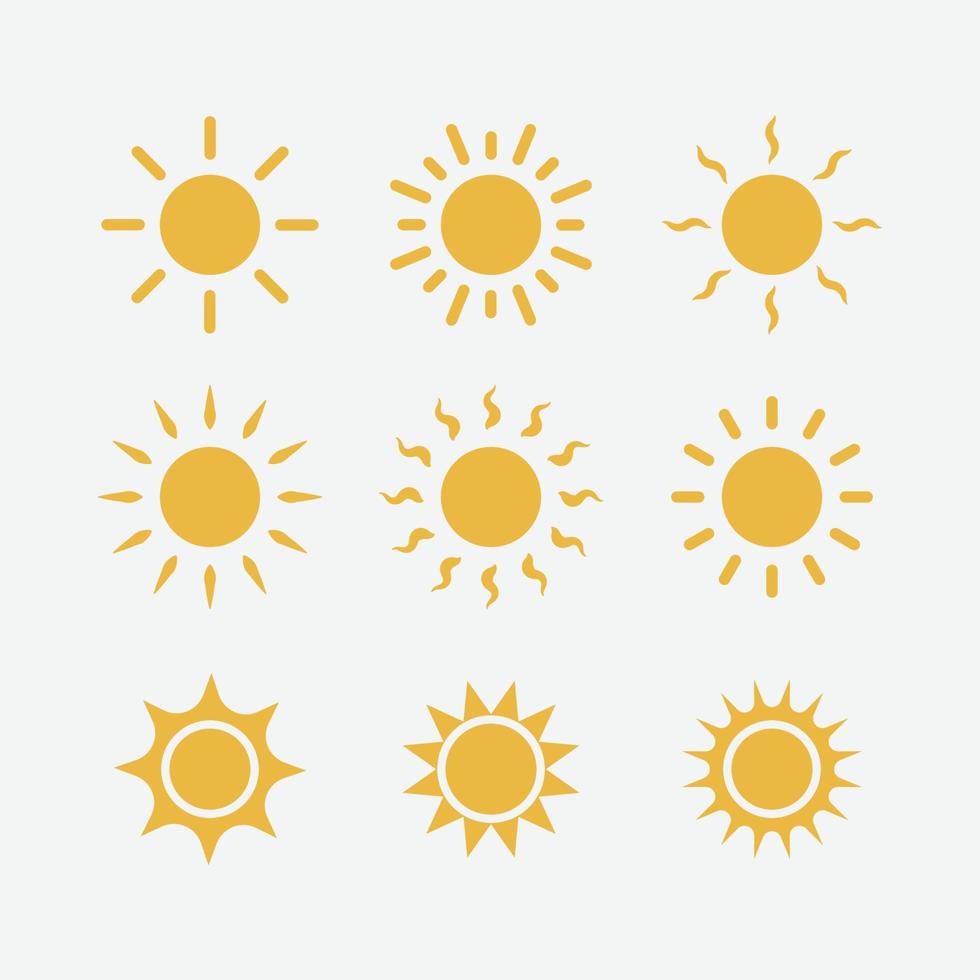 Yellow sun vector icon set. Isolated sunshine icon vector design.