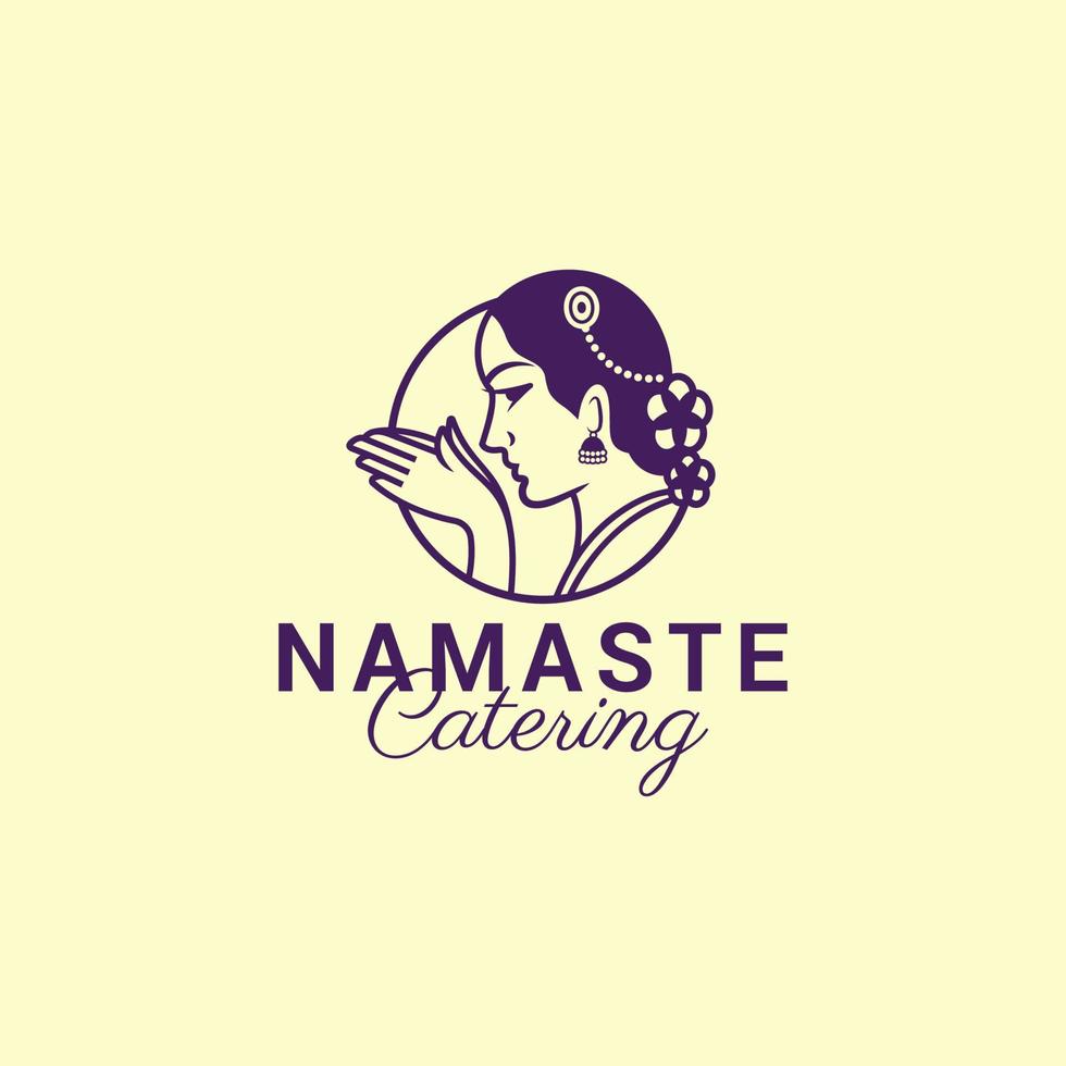 Indian women in traditional clothing with namaste hand, Welcoming logo design vector