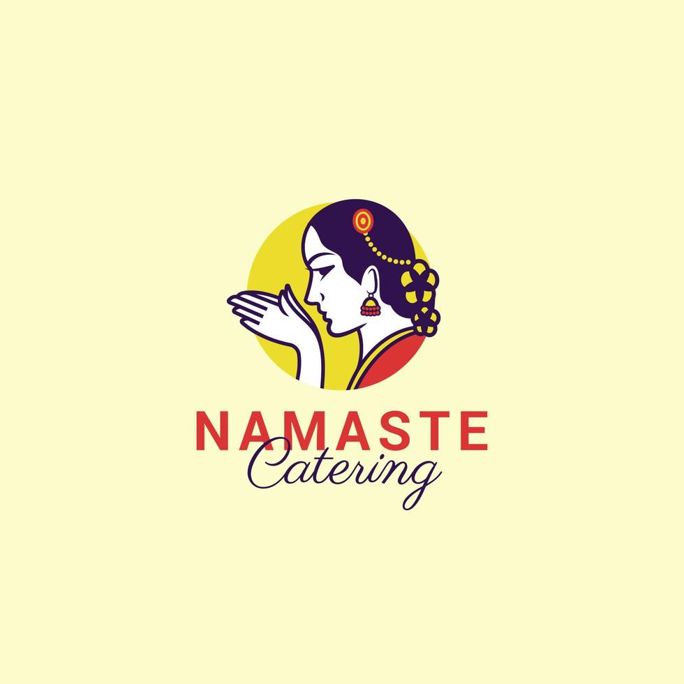 Indian women in traditional clothing with namaste hand, Welcoming logo design vector